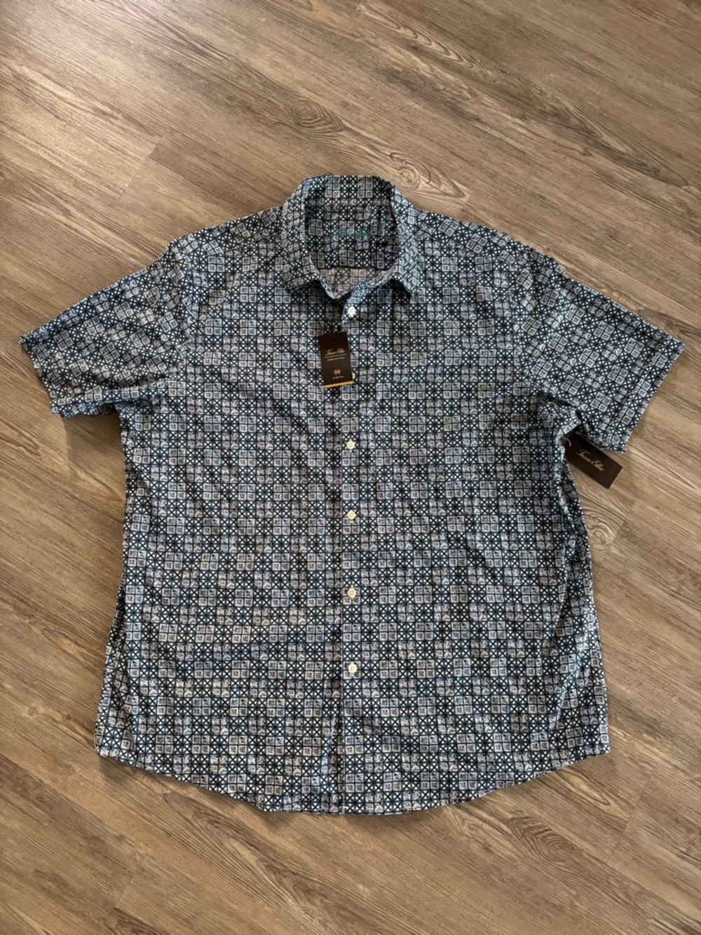 Tasso Elba Short Sleeve Button-Down Shirt - Navy and White Geo